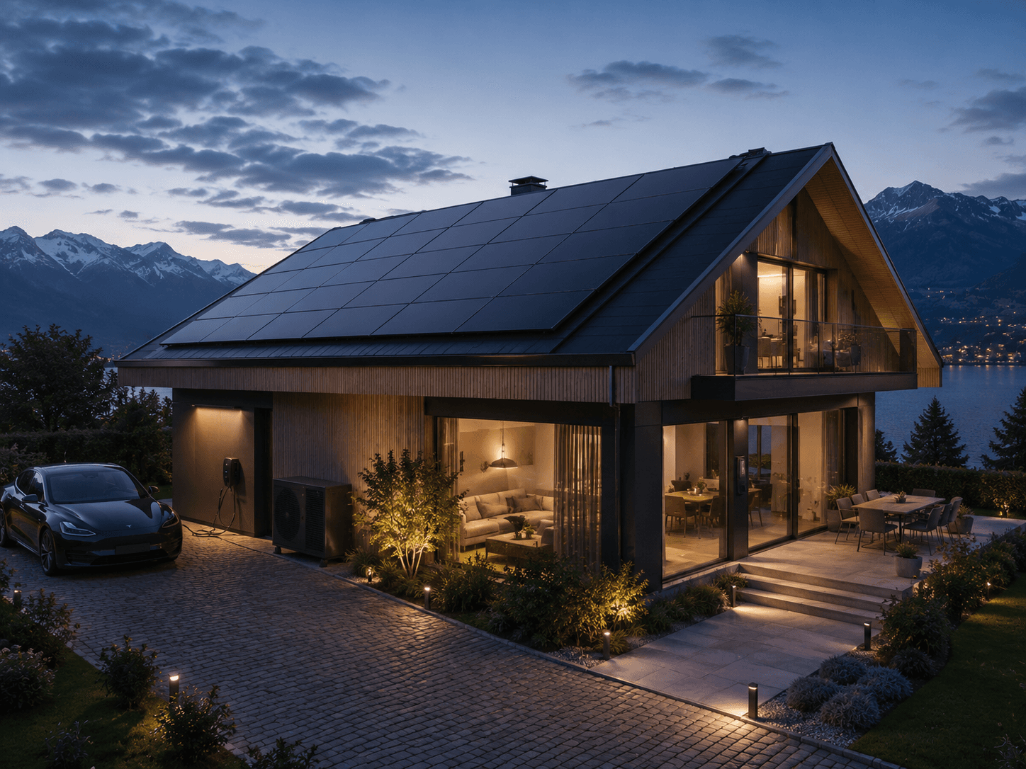 Modernes Haus in der Abenddämmerung mit Solaranlage, Elektroauto und Wärmepumpe