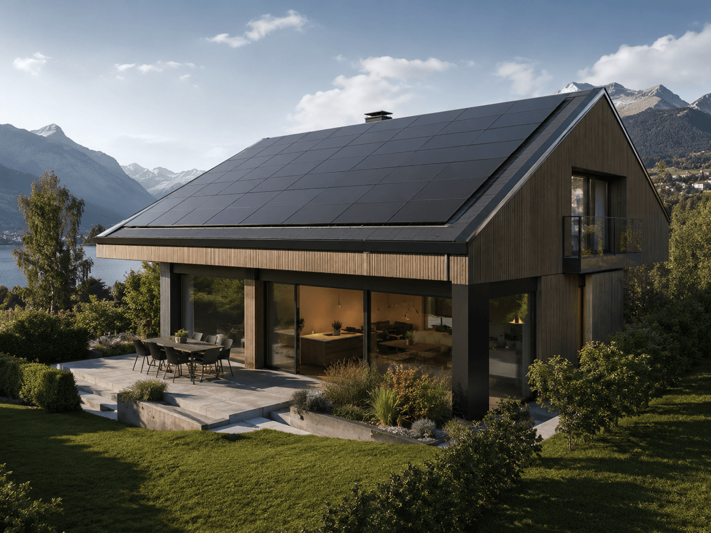 Modernes Einfamilienhaus mit Solardach vor Bergkulisse und See