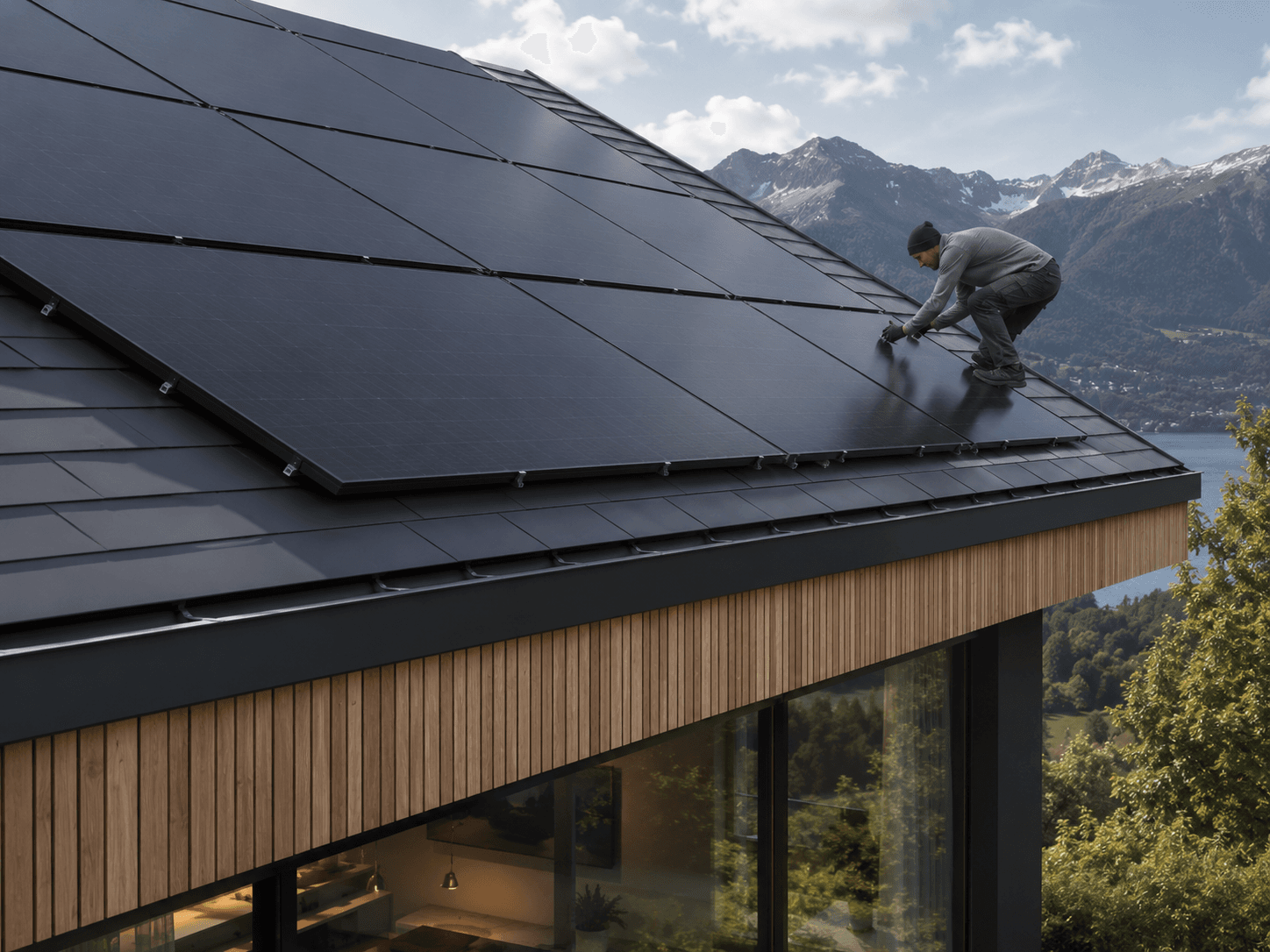 Techniker bei der Montage von Solarmodulen auf einem Hausdach